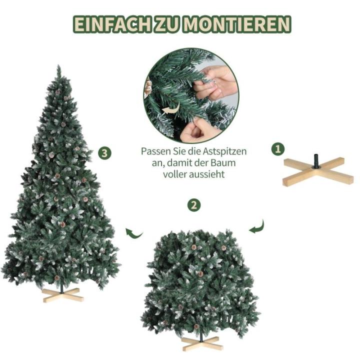 Nordmann Kunstkerstboom met sneeuweffect, kunstkerstboom met handgemaakte houten standaard, sneeuw, 28 dennenappels en 676 punten, eenvoudig te monteren