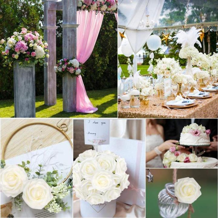 50Pcs künstliche Rosenblüten, echt aussehende Elfenbein gefälschte Schaumrosen Bulk mit Stiel für Hochzeitssträuße Mittelstücke Brautdusche Home Party DIY Blumenarrangements