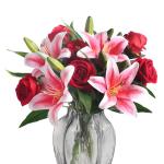 11xkünstliche Blumen, rote künstliche Rosen und rosa Tigerlilie, Seidenblumenstrauß für Hochzeit, Blumenarrangement, Geschenk, Party-Dekoration (Vasen nicht im Lieferumfang ent