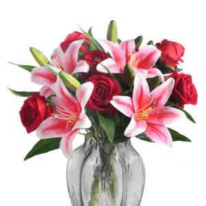 11xkünstliche Blumen, rote künstliche Rosen und rosa Tigerlilie, Seidenblumenstrauß für Hochzeit, Blumenarrangement, Geschenk, Party-Dekoration (Vasen nicht im Lieferumfang ent
