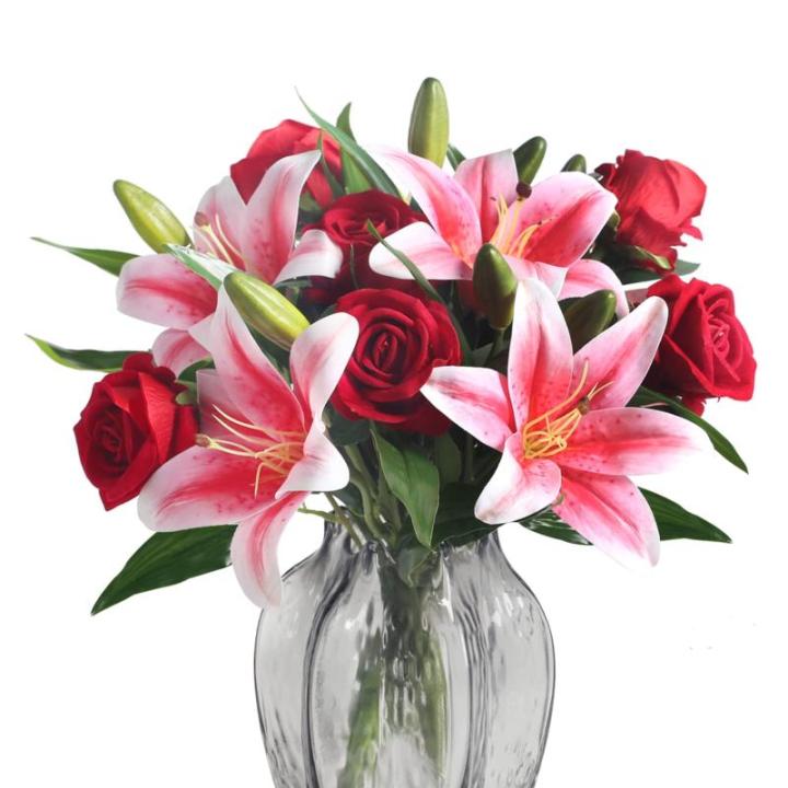 11xkünstliche Blumen, rote künstliche Rosen und rosa Tigerlilie, Seidenblumenstrauß für Hochzeit, Blumenarrangement, Geschenk, Party-Dekoration (Vasen nicht im Lieferumfang ent