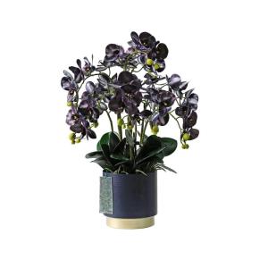 Kunstblumen Künstliche Blumen für den Innenbereich, dunkelviolette Phalaenopsis-Blumen, Bonsai-Simulationsgrünpflanze in Einer Eisenvase für jeden Anlass