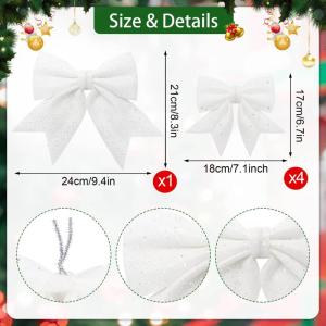 1 + 4 stuks witte strikken voor Kerstmis, kerstboom, strikken, glitter, kerstboomversiering voor familiefeesten, feestdecoratie voor Kerstmis, vakantie, bruiloft, feesten (2 maat)