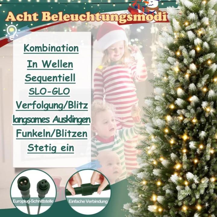 Kunstkerstboom met verlichting, sneeuweffect, 180 cm, kerstboom met standaard, groen pvc + PE dennenboom