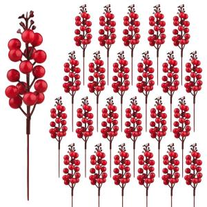 24 stuks rode bessenstelen, kunstbourgondische, rode bessen, picks, hulst, rode bessen, takken, kerstbessen, steel, picks voor kerstboom, doe-het-zelf handwerk, bruiloft, feestdage