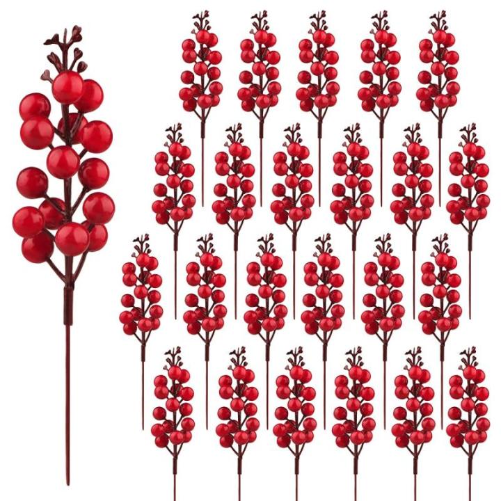 24 stuks rode bessenstelen, kunstbourgondische, rode bessen, picks, hulst, rode bessen, takken, kerstbessen, steel, picks voor kerstboom, doe-het-zelf handwerk, bruiloft, feestdage