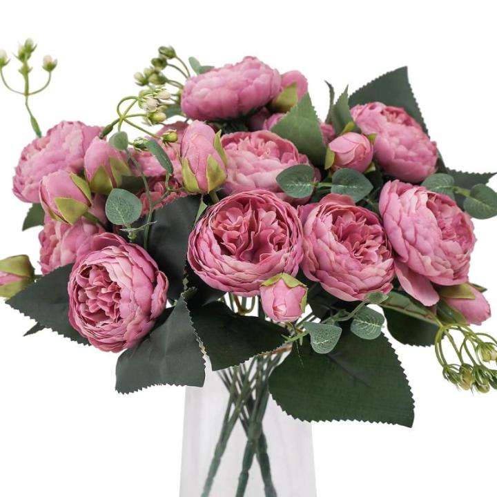 4 bossen kunstmatige bloemen pioen zijde pioenrozen boeketten nep bloemen boeketten bruiloft decoratie thuis tafel keuken kantoor tuin bruids groen (Cameo bruine knop)