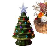 Grüner 10,5 x 18,8 cm großer Keramik-Weihnachtsbaumschmuck, handbemalter Keramik-Baum, beleuchteter Feiertagsmittelaufsatz mit bunten Lichtern