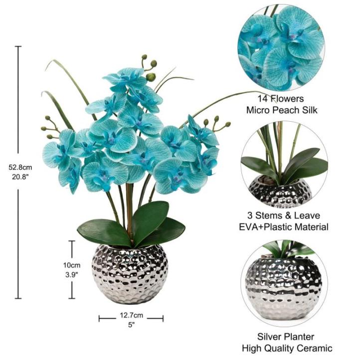 Kunstbloemen orchidee kunstplant Phalaenopsis bloemen decoratie hoogte 49 cm, stevig verankerd in keramische pot (lichtblauw)