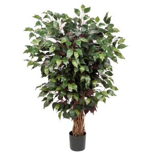Benjamini Ficus, , grote kunstboom, kamerplant, decoratie met echt houten stam, voor kantoor, decoratie, slaapkamer, eetkamer, binnen, buiten, groen/rood, 91 cm
