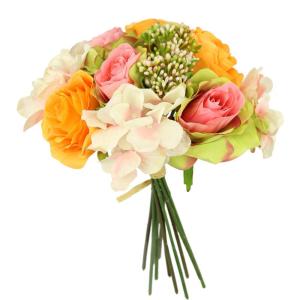 Kunstrozenboeket met hortensia, boeket, kunstbloemenboeket, zijden bloemen, boeket, hortensia-boeket, rozen, kunstbloemen, bruiloft, wit/roze/oranje