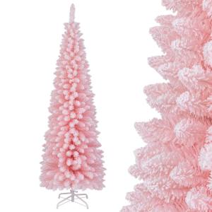 Kunstkerstboom, potlood, 180 cm, dennenboom met sneeuw, kerstboom met 460 takken en inklapbare metalen standaard, slanke kunstboom, Kerstmis voor thuis, kantoor, roze