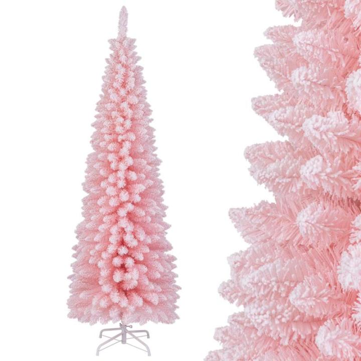 Kunstkerstboom, potlood, 180 cm, dennenboom met sneeuw, kerstboom met 460 takken en inklapbare metalen standaard, slanke kunstboom, Kerstmis voor thuis, kantoor, roze