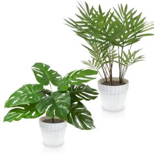 Set van 2 , zoals echt in witte bloempot, Monstera en Areca kunstpalm (25 cm), kunstplant voor decoratie woonkamer, decoratie slaapkamer, badkamerdecoratie,