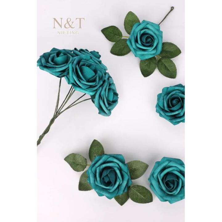 Kunstbloemen, rozen, 25 stuks, rozen decoratie met stelen, kunstrozen voor bruiloft, Valentijnsdag, Moederdag, babyshower, woondecoratie, malachiet groen