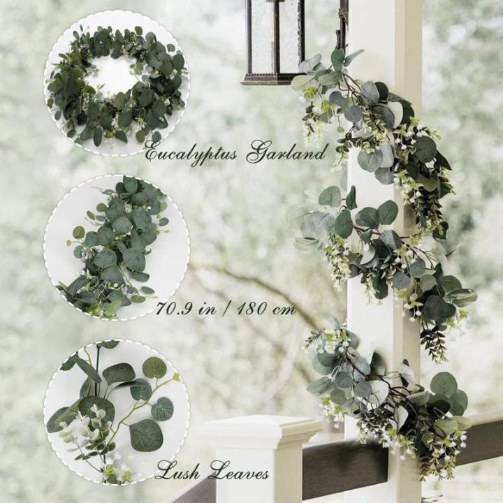 4 stuks kunstslingers, eucalyptus met wilgenbladeren, groene bladeren, witte bloemen, slinger, , hangplant voor achtergrond, bruiloft, decoratie, tafelloper, middenstuk