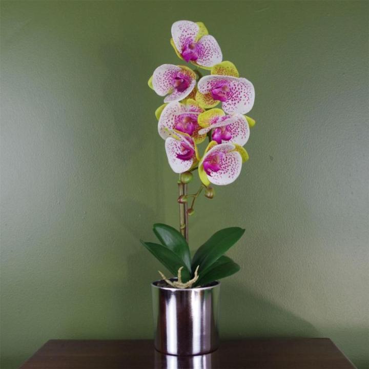 Künstliche Orchidee, Harlekin, mit silberfarbenem Topf, 46 cm, Rosa