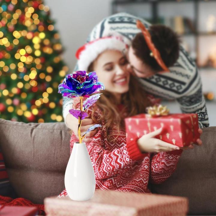 Cadeaus voor vrouwen, kleine Galaxy regenboog paarse roos bloem met vaas, kerstman cadeaus voor mama, jou, vriendin, vrouwen, cadeau voor Kerstmis, verjaardag, Valentijnsdag