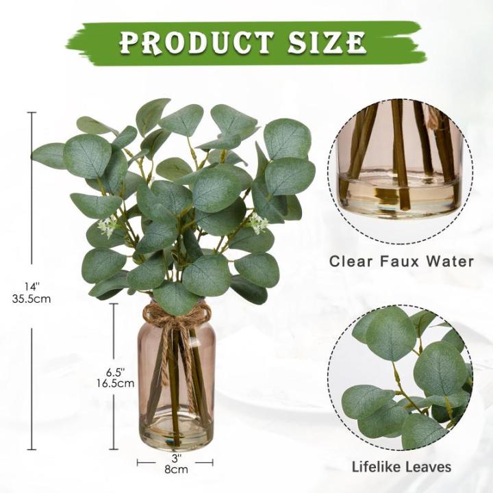 Kunstmatige eucalyptus takken met glazen vaas, eucalyptus kunststof plant, eucalyptus, realistische eucalyptus, decoratie, zilveren dollar voor bruiloft, tafeldecoratie, kantoor, w