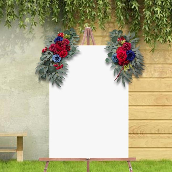Bruiloftsboogbloemen, bloemenslingers voor bogen, woondecoratie, groene bladeren, kunstbloemenslingerset voor binnen, set van 2 voor recepties, rood blauw