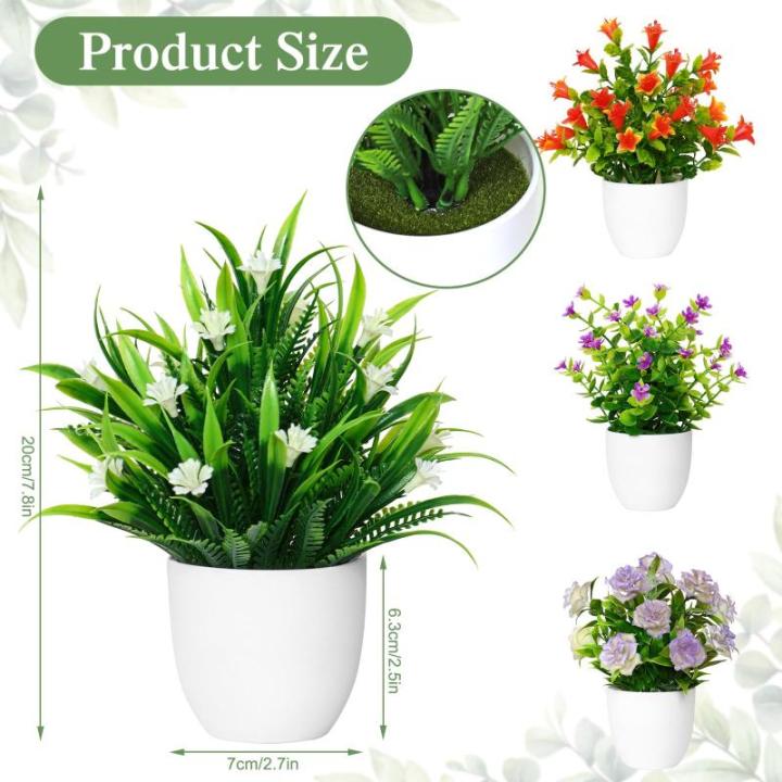 met pot, kleine potplanten, 4 stuks, kunstplant met bloemen, groene planten, decoratie, plastic planten, indoor decoratie voor kantoor, huis, balkon, woonkamer, badkamer