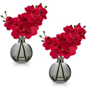 2 stuks rode kunstorchideeën, met zwarte glazen vaas, kunstplant, decoratie, orchideeën, kunstbloemen in vaas met echte touch, kunstorchideeën, kunstbonsai voor hotel, woonkamer