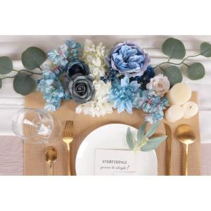 Künstliche Blumen Combo Dusty Blue Flowers Mix Silk Flowers Dahlie Rosen mit Stielen für DIY Hochzeit Brautsträuße, Babyparty, Blumenarrangement, Tischaufsätze, Heimdekoration
