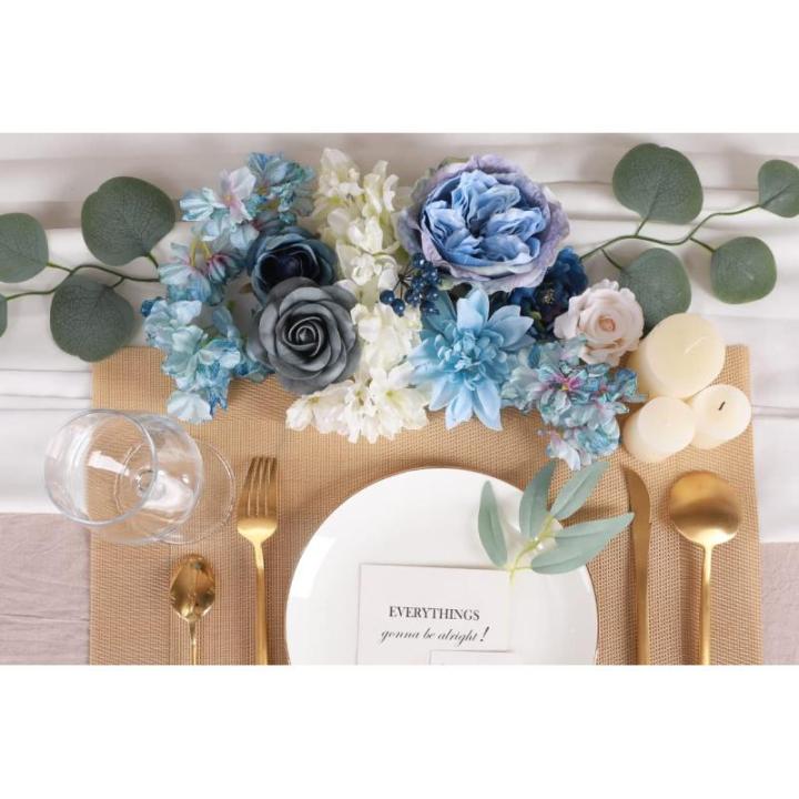 Künstliche Blumen Combo Dusty Blue Flowers Mix Silk Flowers Dahlie Rosen mit Stielen für DIY Hochzeit Brautsträuße, Babyparty, Blumenarrangement, Tischaufsätze, Heimdekoration