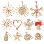Kerstboomversiering, 60 stuks, handgemaakte kerstboom van stro, strosterren, Kerstmis, bevat kerstman, sterren, hart, natuurlijke boomversiering, Kerstmis voor kerstboomdecoratie
