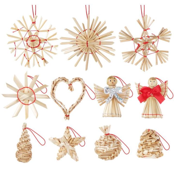 Kerstboomversiering, 60 stuks, handgemaakte kerstboom van stro, strosterren, Kerstmis, bevat kerstman, sterren, hart, natuurlijke boomversiering, Kerstmis voor kerstboomdecoratie