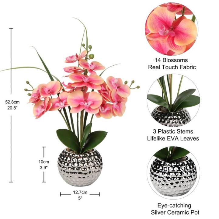 Kunstblumen Orchidee Künstliche Kunstpflanze Phalaenopsis Rosa Blumen Deko Höhe 49 cm, Fest verankert im Keramiktopf