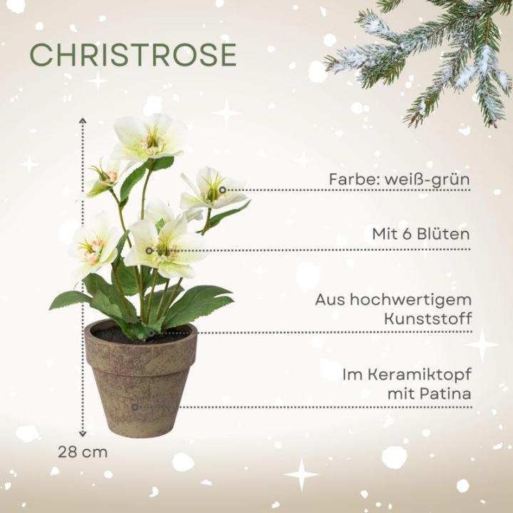 Christrosenbusch weiß-grün im Keramik Topf I weihnachtliche Christrose 28cm I Christrosen im Topf künstlich I Weihnachtsdeko I hochwertige Kunstpflanzen für Weihnachten