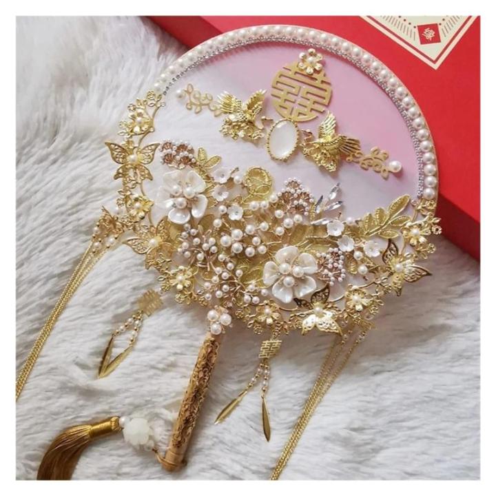 Chinese Bruids Fan Boeket Kunstbloemen Parels Bruiloft Decoratieve Bruid Fotografie Ornamenten Home Decor (Argento)