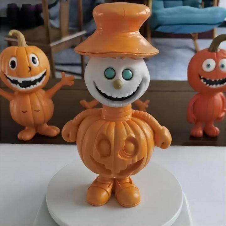 Halloween Pompoen voor man, cartoonvormgeving, groot 16 cm, modelspeelgoed, standbeeld voor bureau en decoratie in de tuin (pompoenman C + D + E)