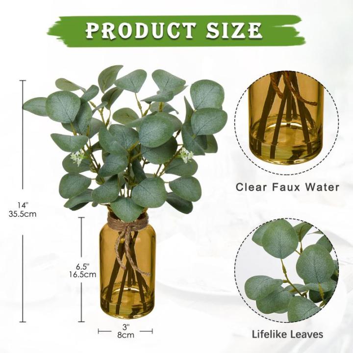 35 cm kunstmatige eucalyptus takken met amber glazen vaas, eucalyptus kunststof plant eucalyptus realistische eucalyptus decoratie zilveren dollar voor bruiloft tafeldecoratie kant