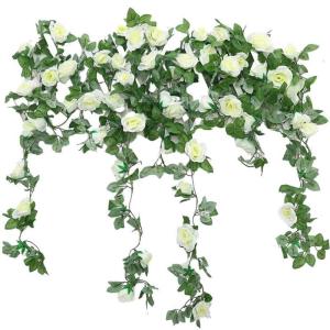 guirlande met kunstrozen, 2 stuks, 220 cm, hangende bloemen van zijde voor outdoor, indoor, bruiloft, badkamer en wanddecoratie (wit)