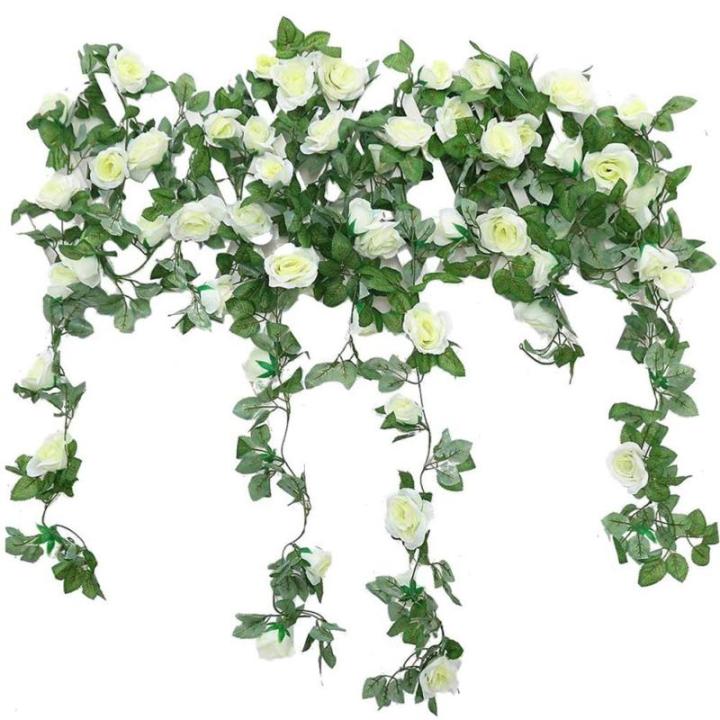 guirlande met kunstrozen, 2 stuks, 220 cm, hangende bloemen van zijde voor outdoor, indoor, bruiloft, badkamer en wanddecoratie (wit)