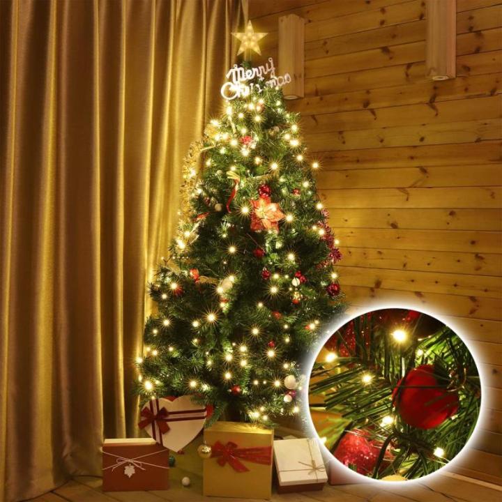 1,5 m kerstboom lichtketting met ring, 8 slingers en kerstboompiek ster, 210 LED kerstboomverlichting binnen met 8 modi, warm wit