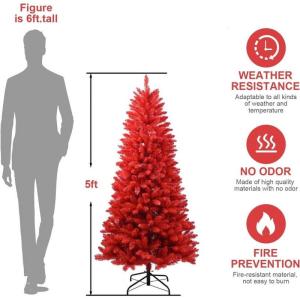 1,5 m roter PVC Künstlicher Weihnachts-Bleistiftbaum, mit 624 Zweigspitzen und Metallklappbarem Ständer, geeignet für Zimmer, Büro, Partydekoration