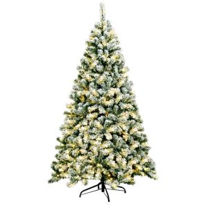 Kunstkerstboom met sneeuw en warmwitte ledverlichting, dennenboom met metalen standaard, pvc-naalden, kunstboom, kerstgroen, 135/180/225 cm