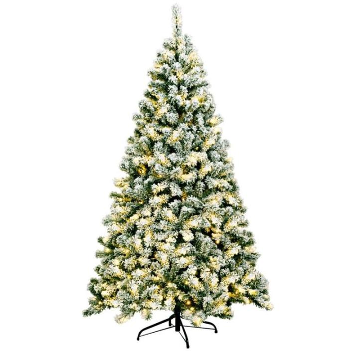 Kunstkerstboom met sneeuw en warmwitte ledverlichting, dennenboom met metalen standaard, pvc-naalden, kunstboom, kerstgroen, 135/180/225 cm