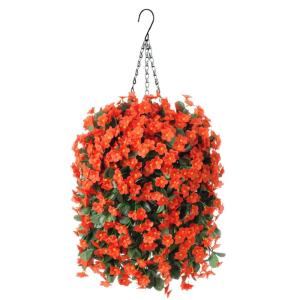 Hangende kunstbloemenmand, nep hangende plant, zijden orchideebloemen, kunstbloemstuk voor buiten tuin, tuin, zakje, patio binnen, woondecoratie (oranje)