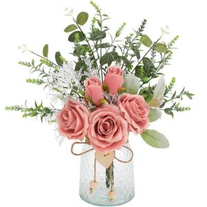 met vaas kunstroze roze rozen bloemen in vaas nep eucalyptus plant bloemstuk voor tafel middenstukken, babyshower, thuis keuken kantoor coffeeshop decoraties