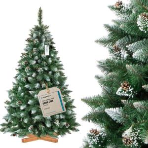 Kunstkerstboom, 180 cm, grenen met houten standaard, dennenboom, kunstkerstboom met natuurlijk wit besneeuwd, made in EU
