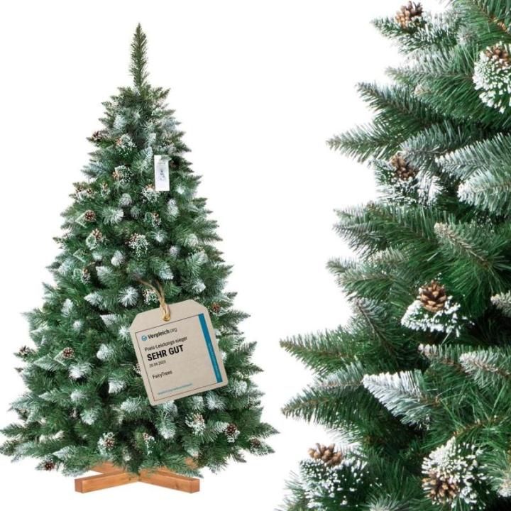 Kunstkerstboom, 180 cm, grenen met houten standaard, dennenboom, kunstkerstboom met natuurlijk wit besneeuwd, made in EU