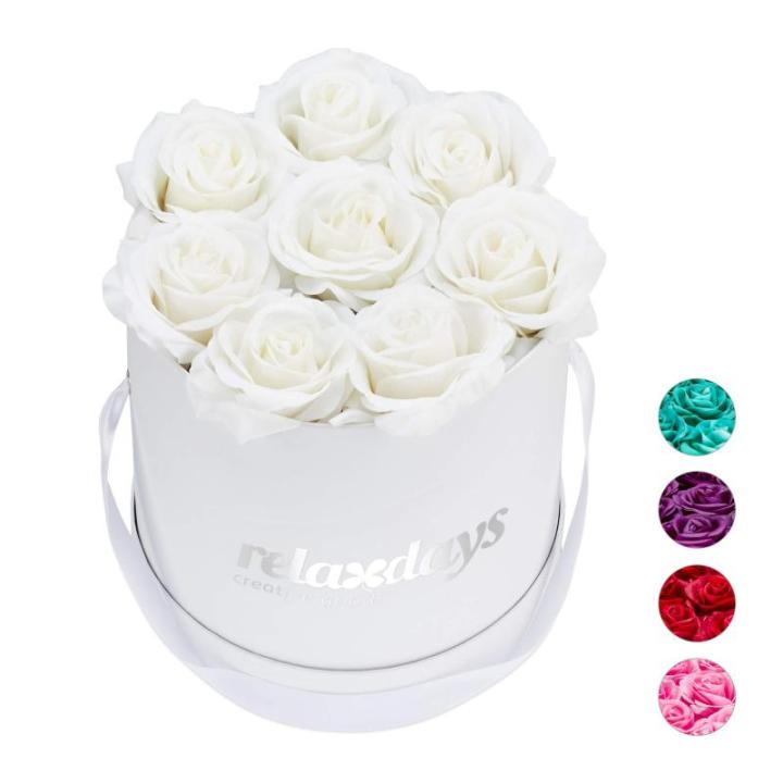 Rozenbox rond, 8 rozen, stabiele bloemenbox wit, 10 jaar houdbaar, cadeau-idee, decoratieve bloemenbox, wit