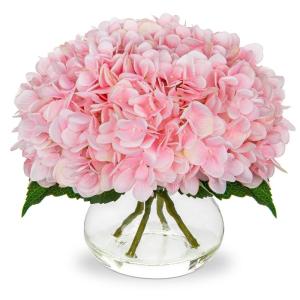 Kunsthortensia bloemen in vaas echte touch nep hortensia bloem in glazen vaas met faux water zijde roze faux bloemstuk voor thuis badkamer bruiloft decoratie