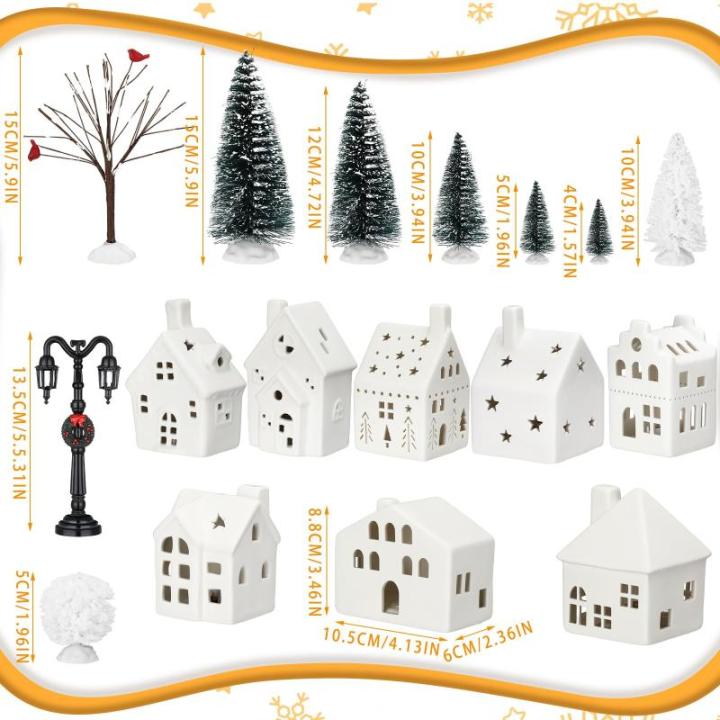26 stuks keramische kerstdorpset 8 LED kersthuizen 16 kerstbomen voor boerderij 2 straatlantaarns kerstscène decoratie wit porselein kerstdecoratie figuren voor tafel