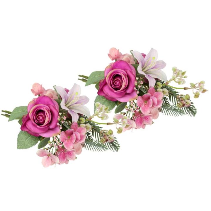 Kunstblumen-Strauß Rosen Lilien Hortensie 35cm 2er Set Blumensträuße Seidenblume Dekoblume Bouquet Hochzeit Blume Mittelstück Tischdeko unecht Grableger Grabschmuck Aufleger Gr