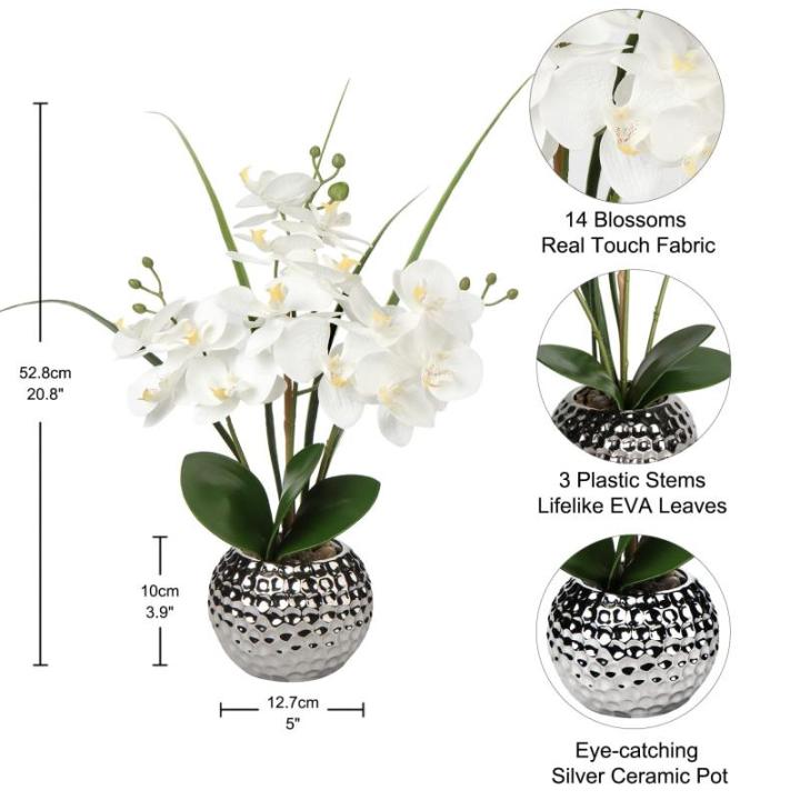 Kunstblumen Orchidee Künstliche Kunstpflanze Phalaenopsis Weiß Blumen Deko Höhe 49 cm, Fest verankert im Keramiktopf